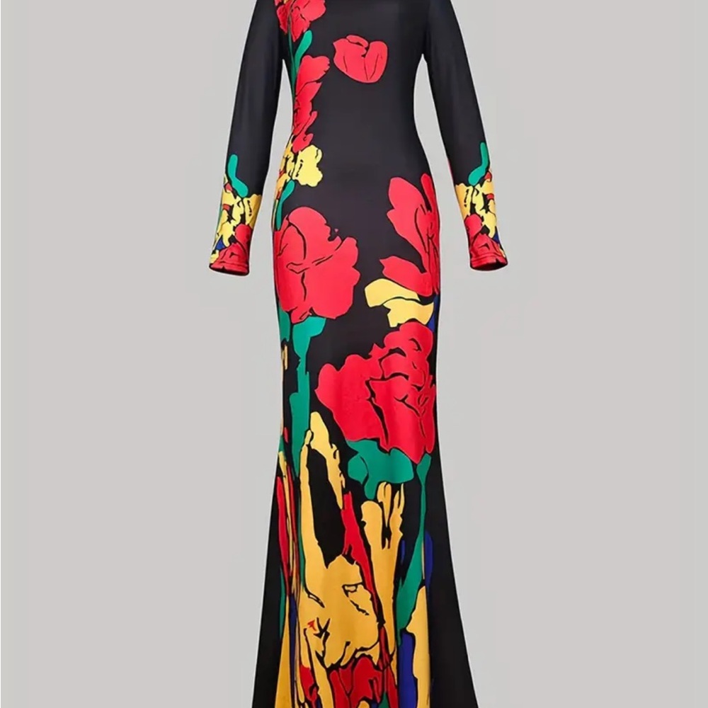 Elegant Floral Print Long MAXI Sleeve Dress